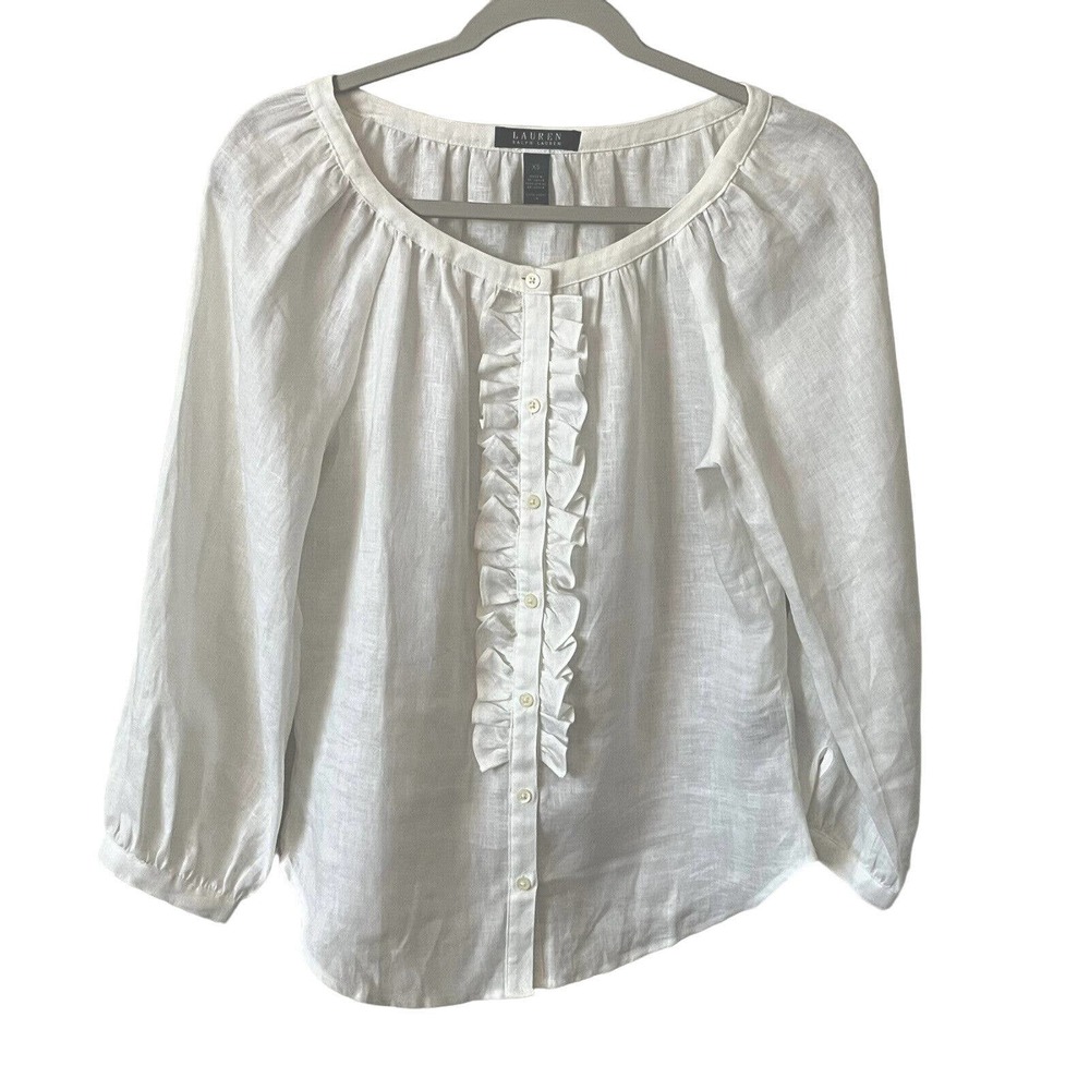 Lauren Ralph Lauren Blouse sz XS White 100% Linen Ruffled Button Front Romantic